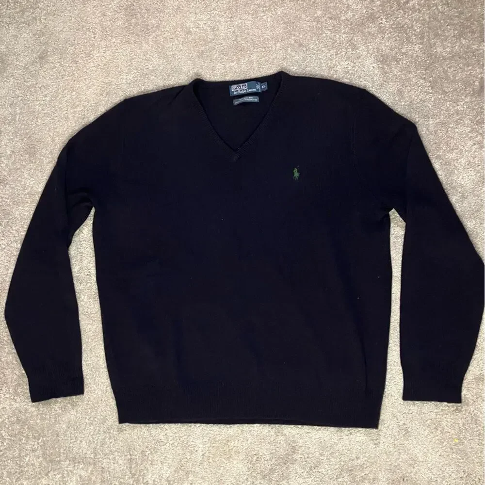 Polo Ralph Lauren Men’s Navy Blue 100% Lambswool V-Neck Sweater Size XL